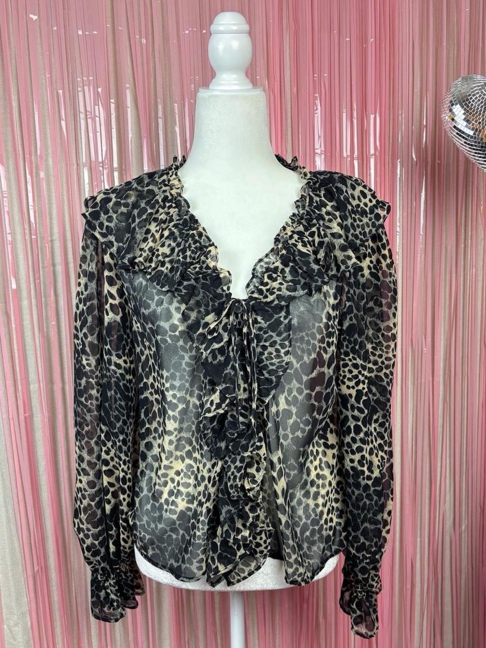 Topshop Black and Cream Ruffled Sheer Animal Print Blouse SZ 8